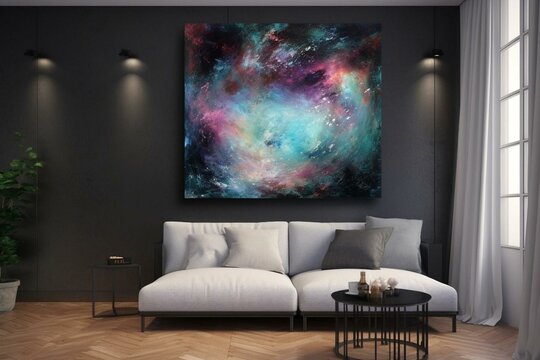 An imaginative painting of a dreamy starry sky with an abstract and fantasy vibe, showcased as a hanging picture. Generative AI