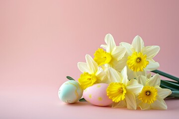 Obraz na płótnie Canvas Daffodils and painted Easter eggs on pink background. Design for banner, invitation, greeting card with copy space. Minimalistic composition. Easter celebration concept