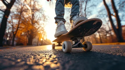 Foto op Plexiglas A sneaker on a skateboard captures a moment of urban adventure at sunset. © nur