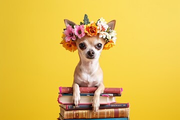 Chihuahua with floral crown sitting on stack of books on yellow background. Minimalistic composition. Easter celebration concept. Design for greeting card, banner, poster with copy space. Cute pet