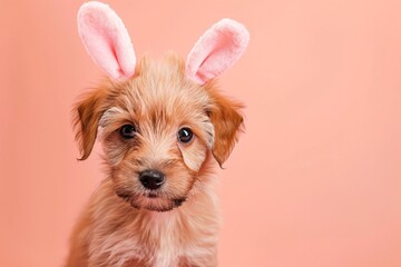 Puppy with bunny ears on pink background. Springtime holiday. Minimalistic composition. Easter celebration concept. Design for greeting card, banner, postcard with copy space. Cute funny pet
