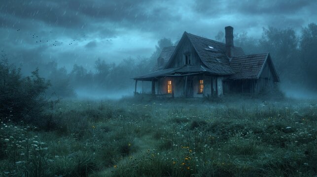 Abandoned farmhouse in spooky meadow at dusk