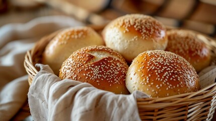  Freshly baked sesame buns in a wicker basket with a rustic charm