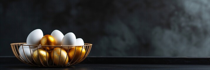 White and golden eggs in a wire basket on black background. Easter celebration concept. Minimalistic composition. Design for greeting card, invitation, banner with copy space 