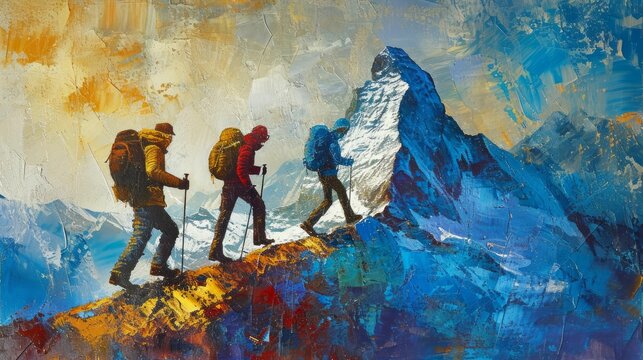 Majestic Scene of Hikers Assisting Each Other to the Peak, Ideal for Travel Blogs, Team Building Workshop Materials, and Nature-Inspired Art Collections. Acrylic Painting Style