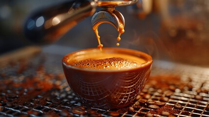 Rich espresso streams into a ceramic cup, capturing the essence of coffee culture. - obrazy, fototapety, plakaty