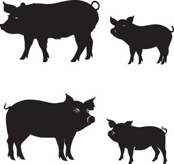 Set of Pig black silhouette on white background 