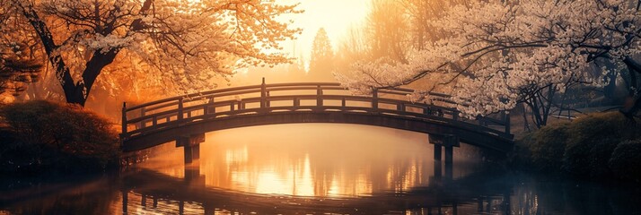 Sunrise over a wooden bridge in a misty park with cherry blossoms. Panoramic landscape photography. Serenity and springtime concept. Design for wallpaper, background, header