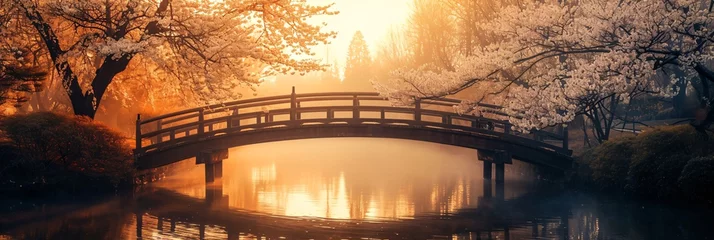Zelfklevend Fotobehang Sunrise over a wooden bridge in a misty park with cherry blossoms. Panoramic landscape photography. Serenity and springtime concept. Design for wallpaper, background, header © dreamdes