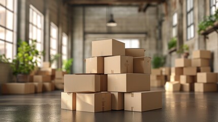 Piles of cardboard boxes in a sunlit room create an urban moving day scene - obrazy, fototapety, plakaty