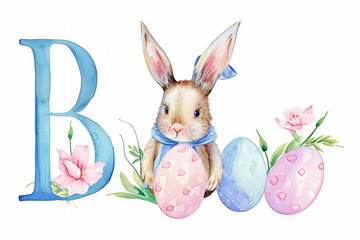 Whimsical Watercolor Illustration of a Bunny with Easter Eggs and Letter B