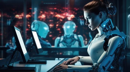 Fototapeta premium Futuristic cyber business and intelligence robotic working concept in modern global business