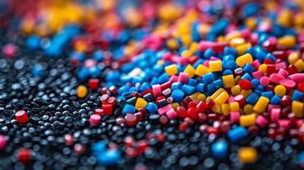 Multicolored plastic pellets scattered on a sleek black background - obrazy, fototapety, plakaty