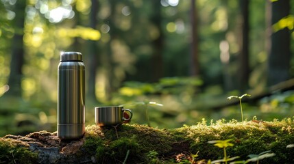 A stainless steel thermos and cup rest on a mossy log in a serene forest setting.