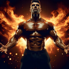 Brutal strong athletic bodybuilder posing fire and spark explosion in the background. A man with a fire background. Brutal strong athletic man with muscular body posing in studio over dark background. - obrazy, fototapety, plakaty