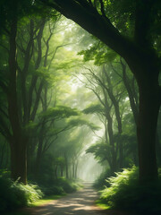 Fototapeta premium In the background, majestic trees with branches reaching towards the sky create a canopy that provides both shade and a sense of tranquility. AI Generated