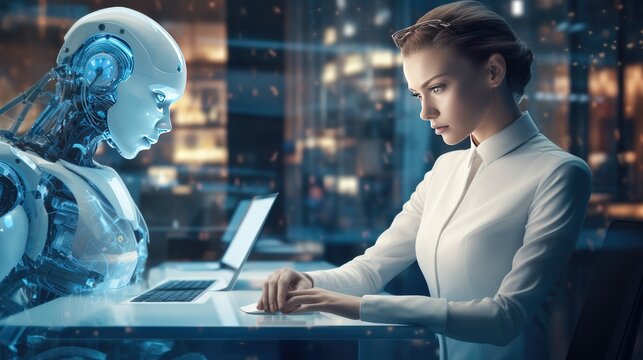 Futuristic cyber business and intelligence robotic working concept in modern global business