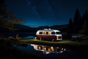 Fototapeta na wymiar Craft a serene AI-generated image featuring a camper van at nightfall near a water body, with perfect lighting to capture the tranquility and beauty of the scene.