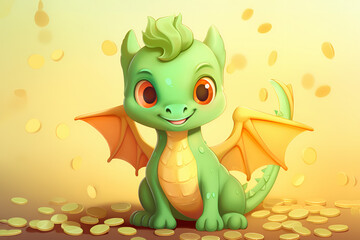 Cute green dragon with golden coins on the background