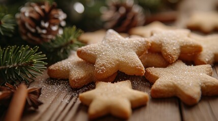 Obraz na płótnie Canvas Star-shaped cookies with sugar dusting beside pine branches set a festive holiday mood