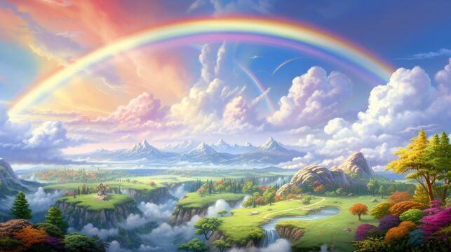 Fantasy landscape with rainbow, mountains, and lush greenery. Imaginary world.