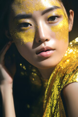 Fashion editorial Concept. Stunning beautiful asian woman high fashion striking shiny yellow gold glitter shimmer sparkle. illuminated with dynamic composition and dramatic lighting. copy text space	
