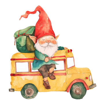 Back to school, Watercolor illustration of gnome is sitting on a yellow school bus clipart, PNG Transparent background