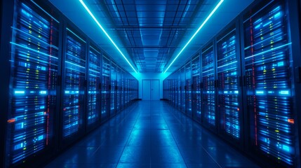 Futuristic data center with blue illuminated server racks and sleek design - obrazy, fototapety, plakaty