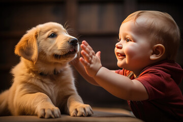 Smiling toddler interacting with golden retriever puppy. Innocence and friendship.