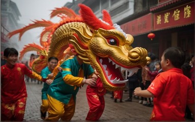 Fototapeta na wymiar Chinese New Year dragon dancing from AI Generated