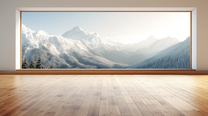 modern empty room with wooden floor and large window
