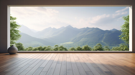 modern empty room with wooden floor and large window with sunlight and beautiful view