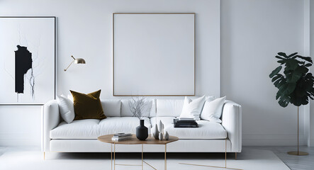 Modern living room AI art: clean, a sofa in a living room and round coffee table and wall art
