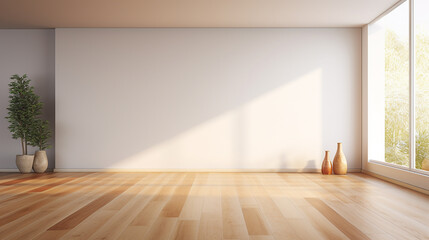 Fototapeta na wymiar modern empty room with wooden floor and large window with sunlight