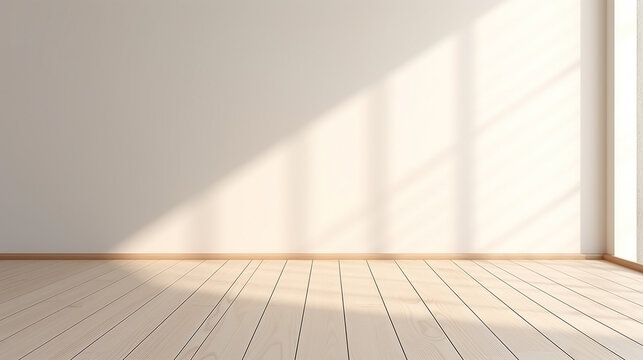stimulate scene of white empty room with sunlight cast shadow on the laminate wood wall