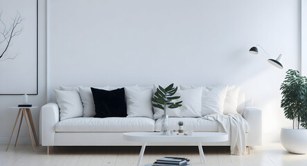 Minimalistic living room with white sofa, wooden floor, decor on wall, window with white landscape