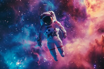 Obraz na płótnie Canvas A surreal portrait of an astronaut floating weightlessly against a vibrant backdrop of a cosmic nebula filled with stars.