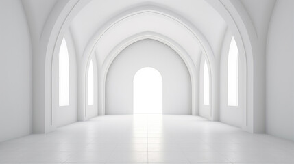 view of empty white room with arch design and concrete floor museum space 3D render.