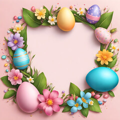 Naklejka na ściany i meble Happy Easter Day Colourful Easter Eggs Background Design with Spring flowers and colorful easter eggs