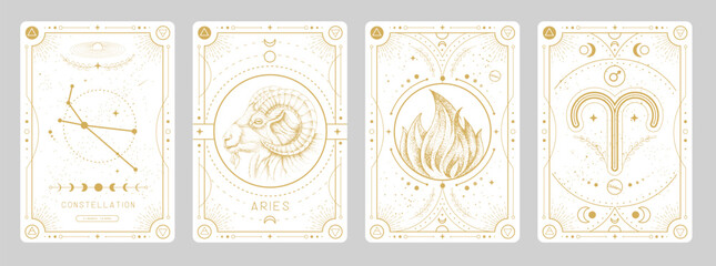 Set of Modern magic witchcraft cards with astrology Aries zodiac sign characteristic. Vector illustration - obrazy, fototapety, plakaty
