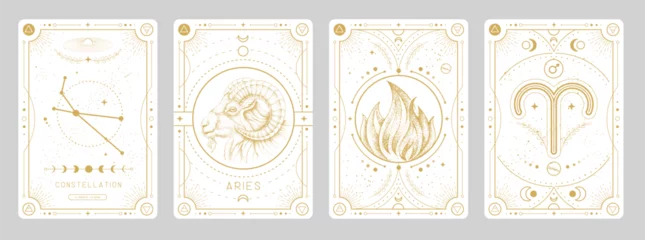Foto op Plexiglas Set of Modern magic witchcraft cards with astrology Aries zodiac sign characteristic. Vector illustration © annbozhko