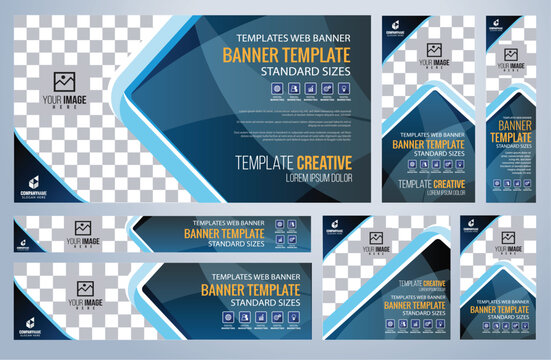 Set of Blue and Black Web banners templates, Coverpage Standard sizes with space. Vector illustration
