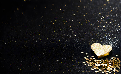 A small gold heart on a sparkling black background. Generative AI