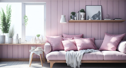 Scandinavian Charm: AI-Designed Wooden Bookcase in pale/ pink Grey Living Room