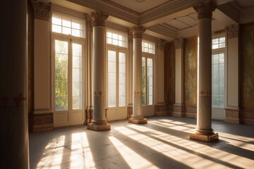 Obraz premium A sunlit room with columns and a window, with sunlight streaming onto the floor and walls. Generative AI