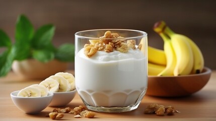 Yogurt breakfast with banana and walnuts