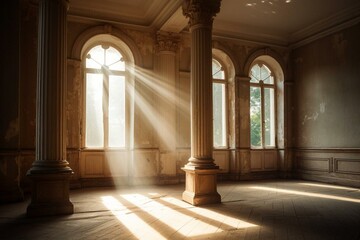 A sunlit room with columns and a window, with sunlight streaming onto the floor and walls. Generative AI