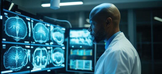 Concentrated male doctor analyzing brain scans on monitors. Medical expertise.