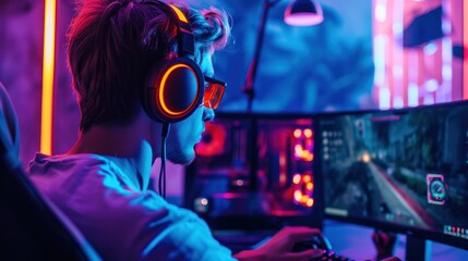 pro gamer man in headphones live streaming while playing online computer game, neon lights, esports,  gaming, monitor, play, young, player, internet, enjoyment, cyber, - obrazy, fototapety, plakaty