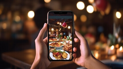 restaurant owner takes a picture of the food on the table with a smartphone to post on a website. Online food delivery, ordering service, influencer, review, social media, share, marketing, interest. - obrazy, fototapety, plakaty